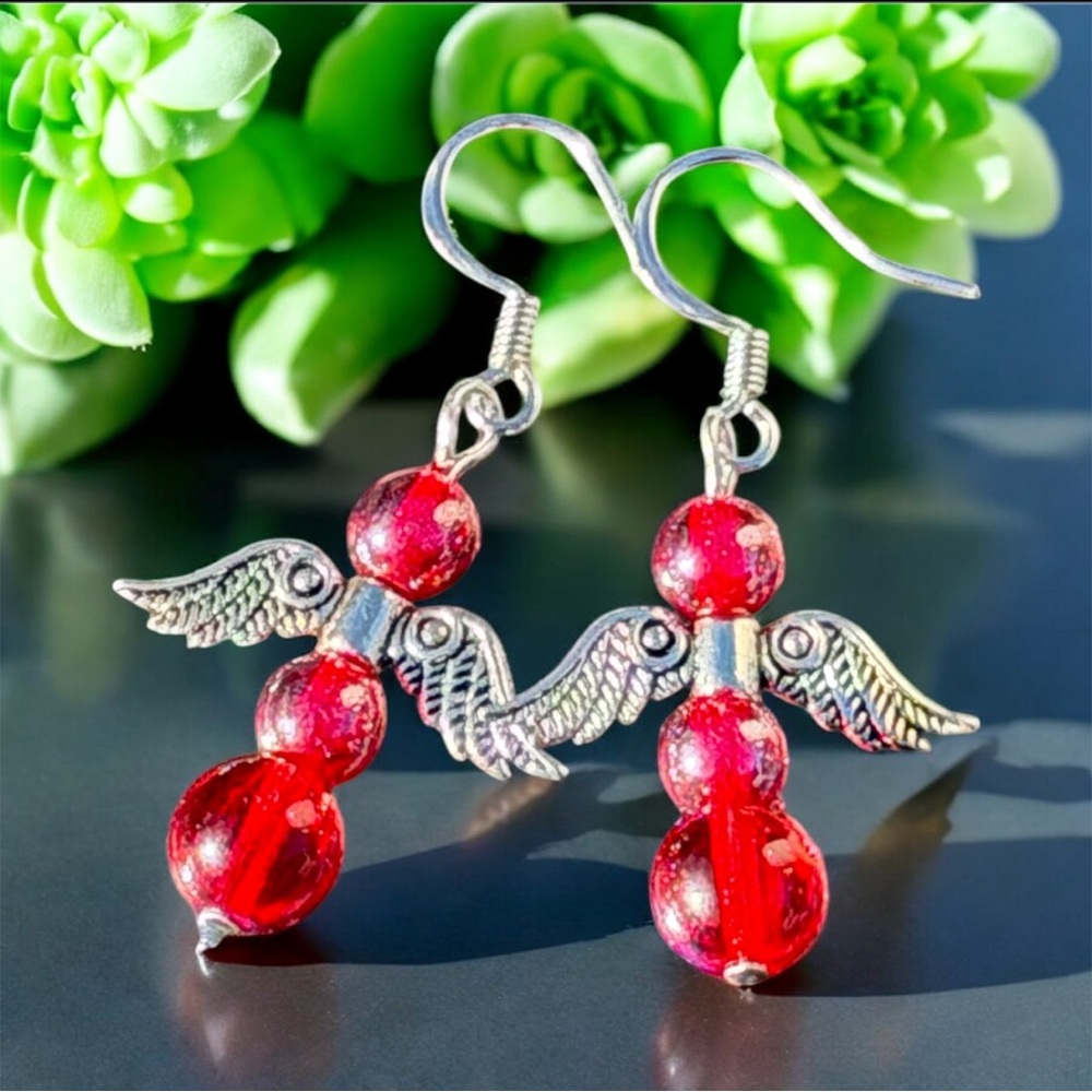 Handcrafted Red Angel Wing Earrings - Picture 2 of 13